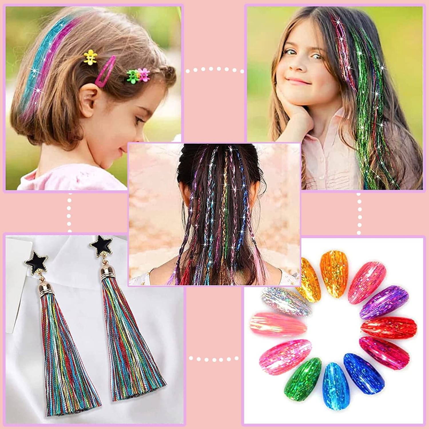 Hair Tinsel Kit 48 Inch, 18 Colors, 9000 Strands, Glitter Tinsel Hair Extensi…