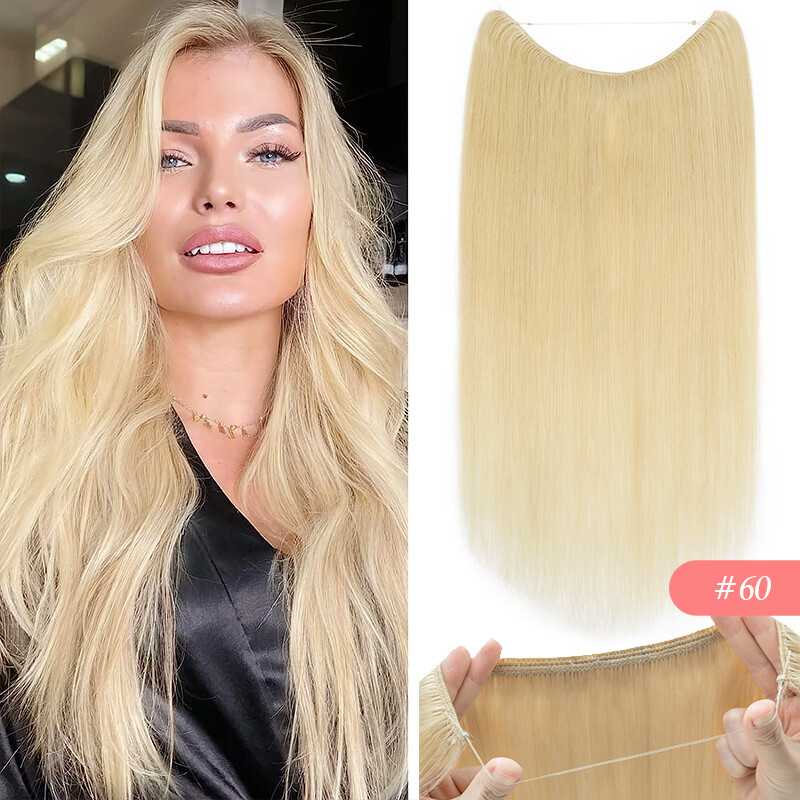 Invisible Ring Clip in Wire Fish Line Weft Remy Human Hair Extensions Hairpiece