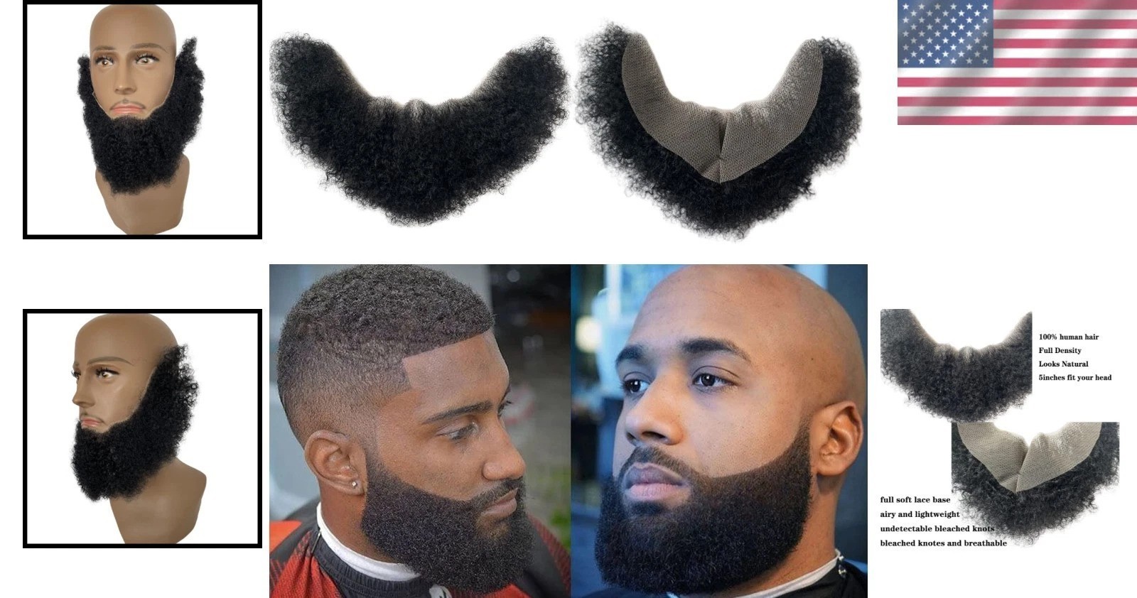Realistic Human Hair Afro Curl Beard & Mustache System for Black Men – 12×3 Inch