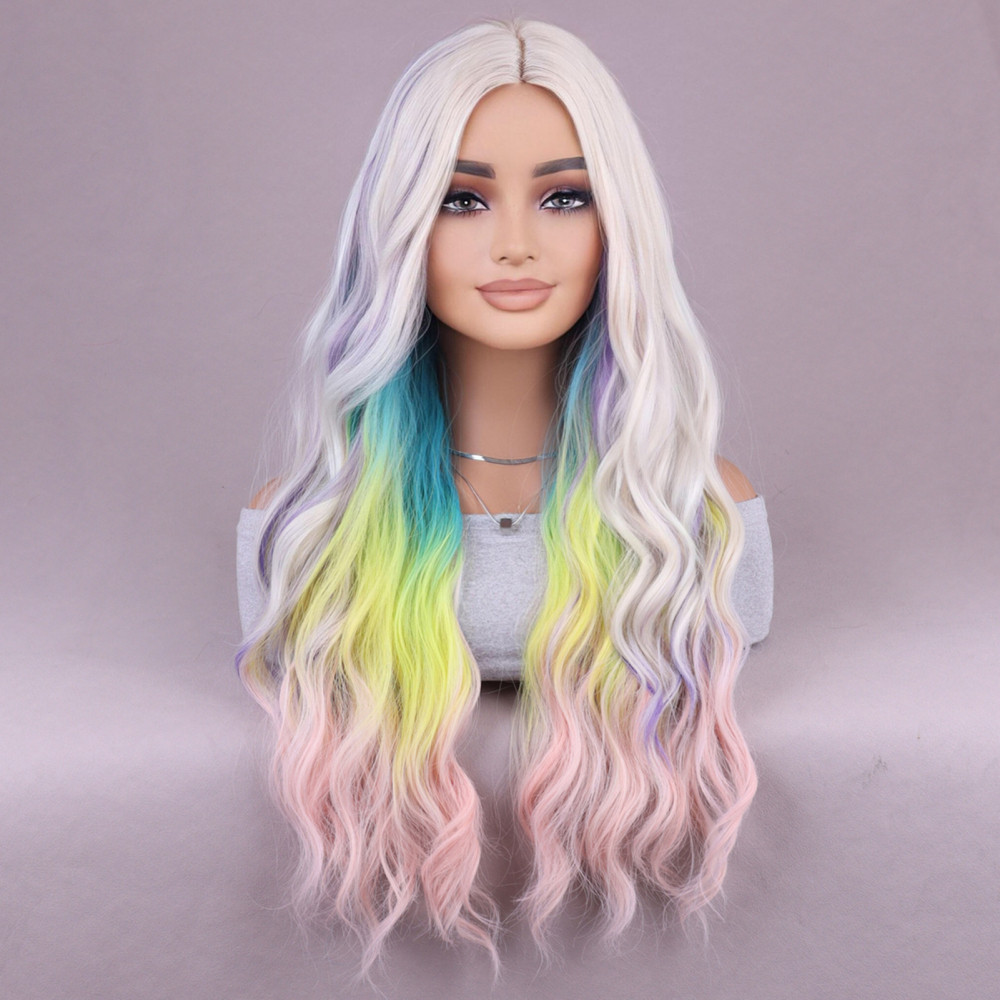 28in Women’s Multi Color Rainbow Wig Long Curly Wavy Wig Cosplay Party Wig