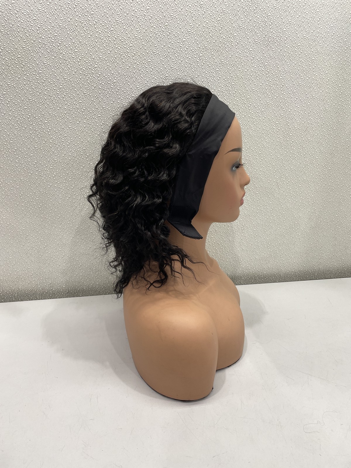Wenyan Natural Black Deep Wave Human Hair Headband Glueless Wig, 12″