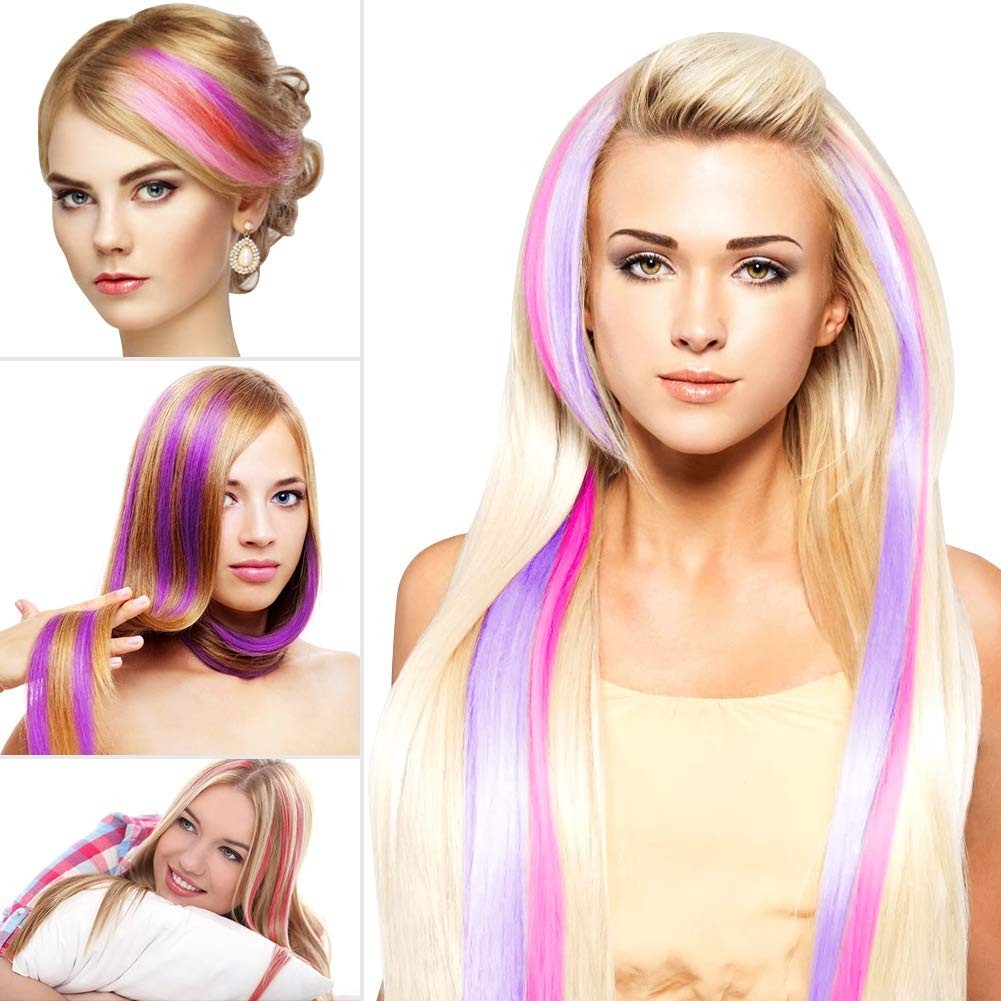 Multi Color Clip In Hair Extensions 12 Pieces for Costume and Parties