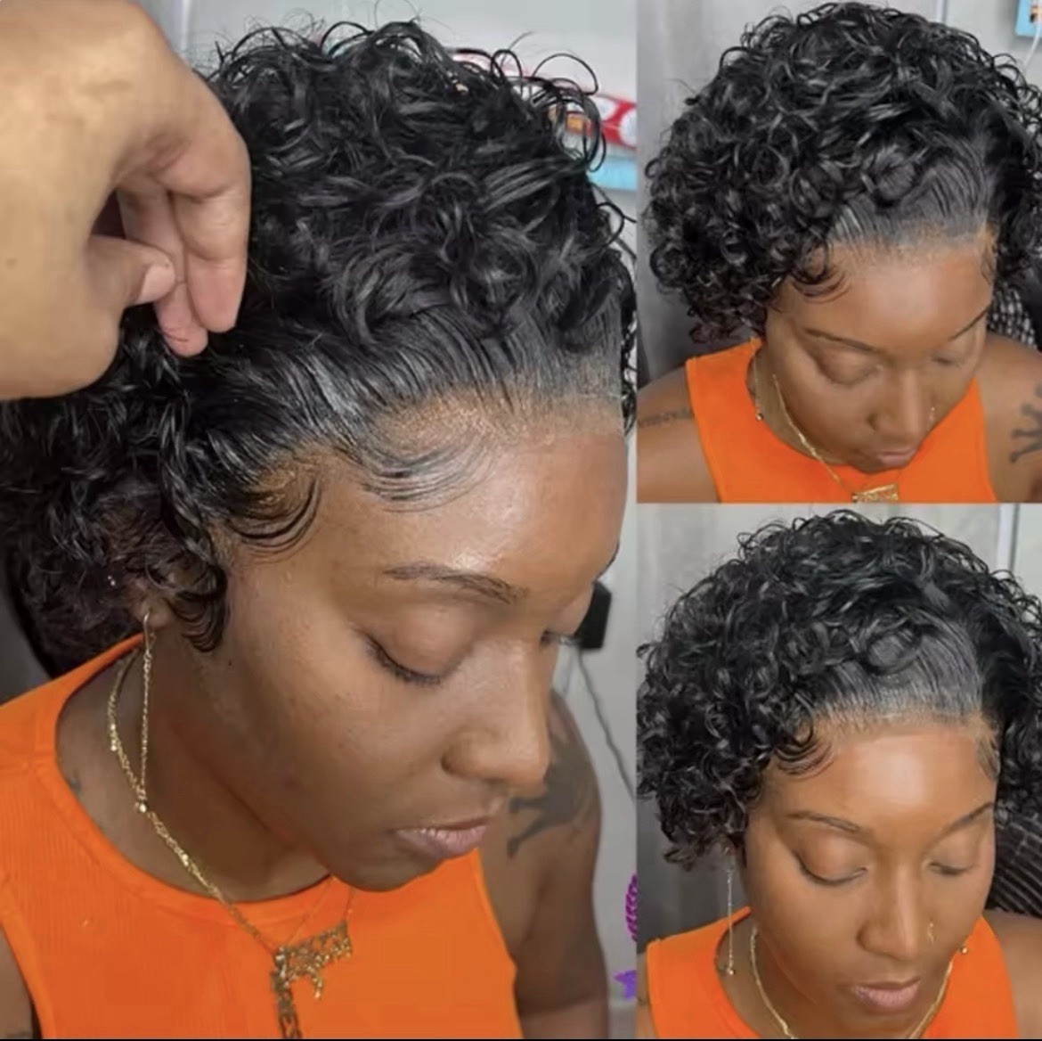 Women Human Hair Lace Front Curly Bob Wig Short Black Glued Attachment