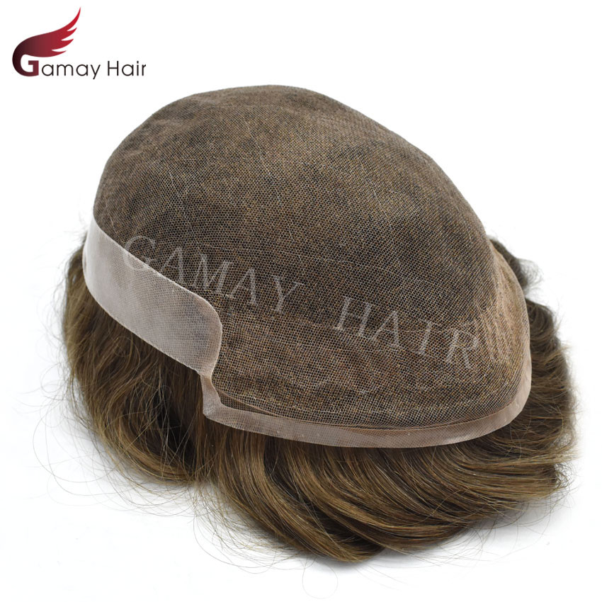 Mens Toupee French Lace Front Hairpiece Poly Skin PU Hair System Replacement Wig