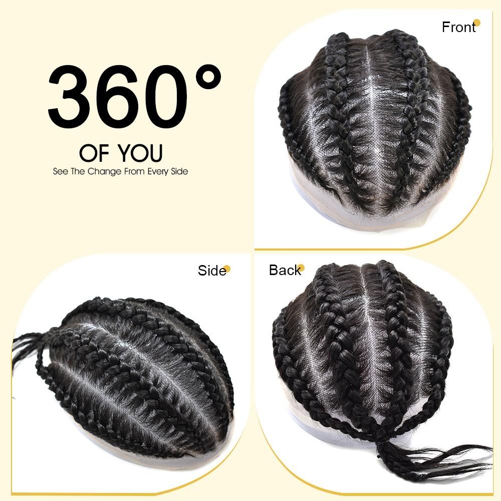 US Cornrow Braded Toupee for Black Men Box Braided Human Hair Replacement System