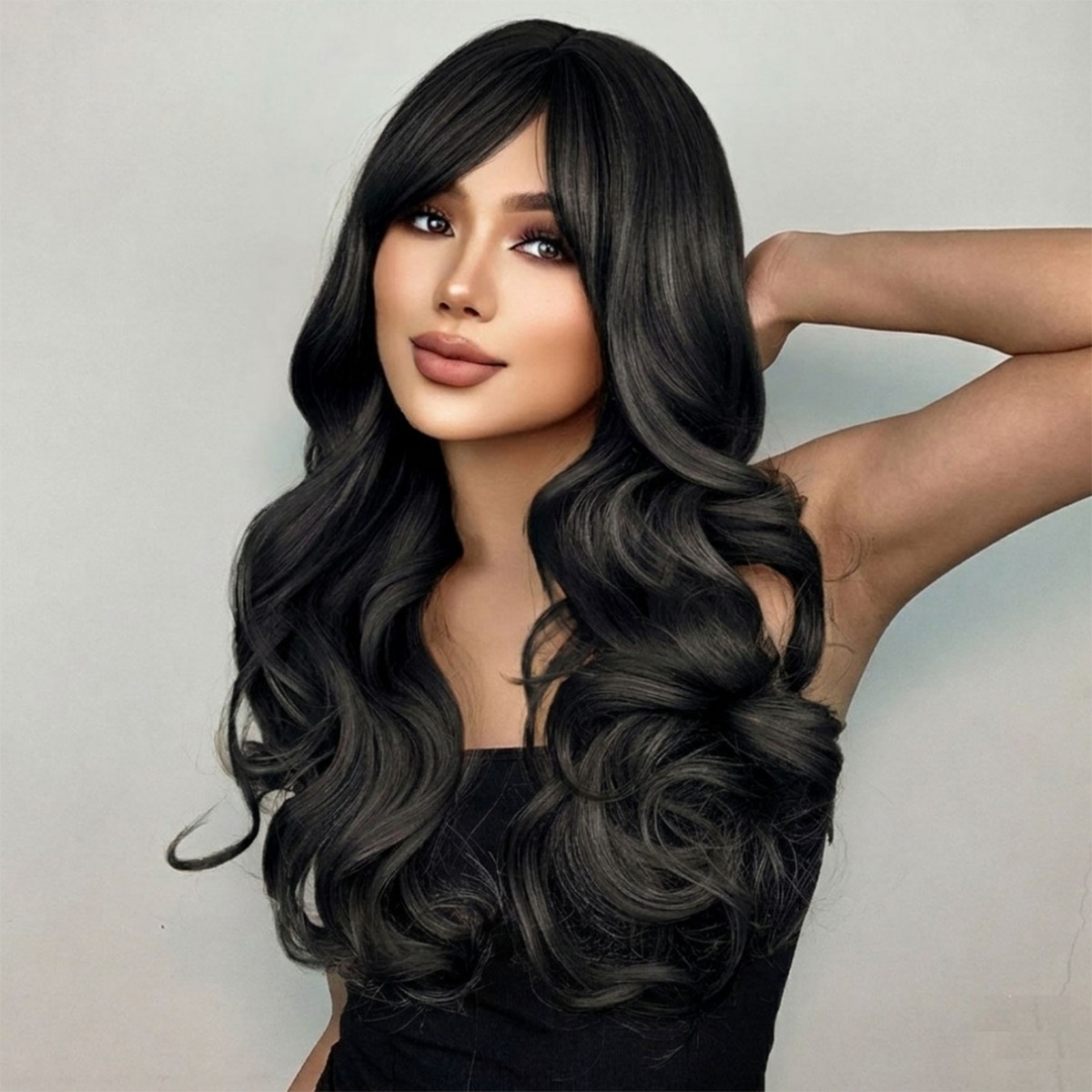 Long Wavy Dress Up Wig With Fringe Black Heat Resistant Synthetic Hair