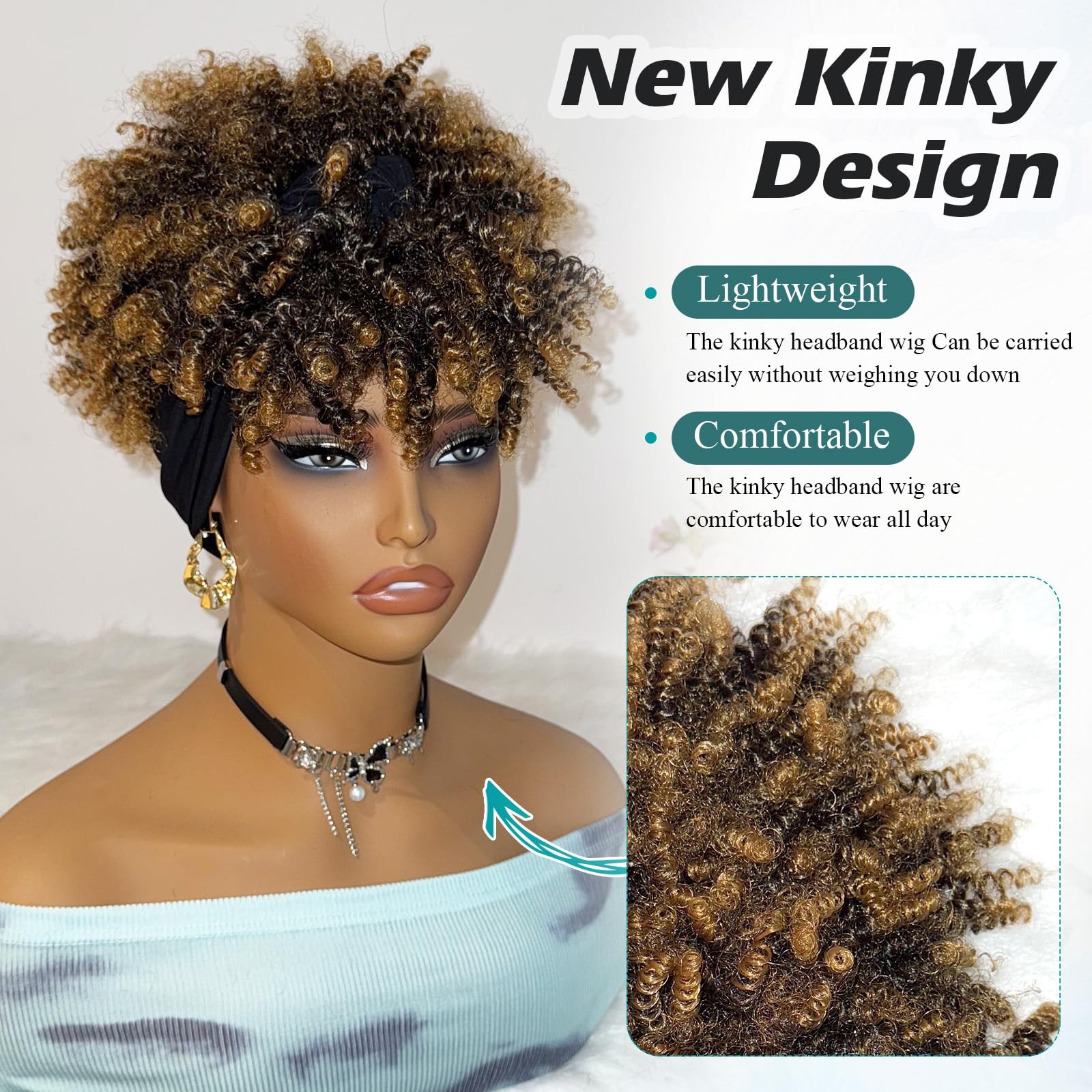 Afro Headband Kinky Curly Headband with Bangs Blonde Head-Wrap Wigs 2 in 1 Om…