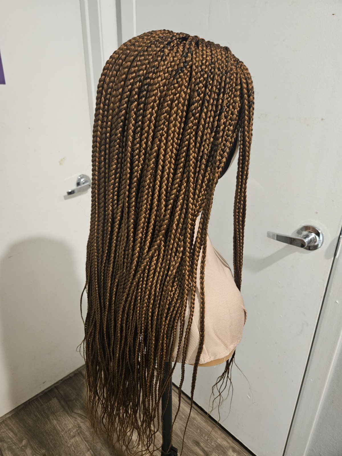 Women Synthetic Lace Front Long Braided Wig Medium Brown Gold Straight Free-Part