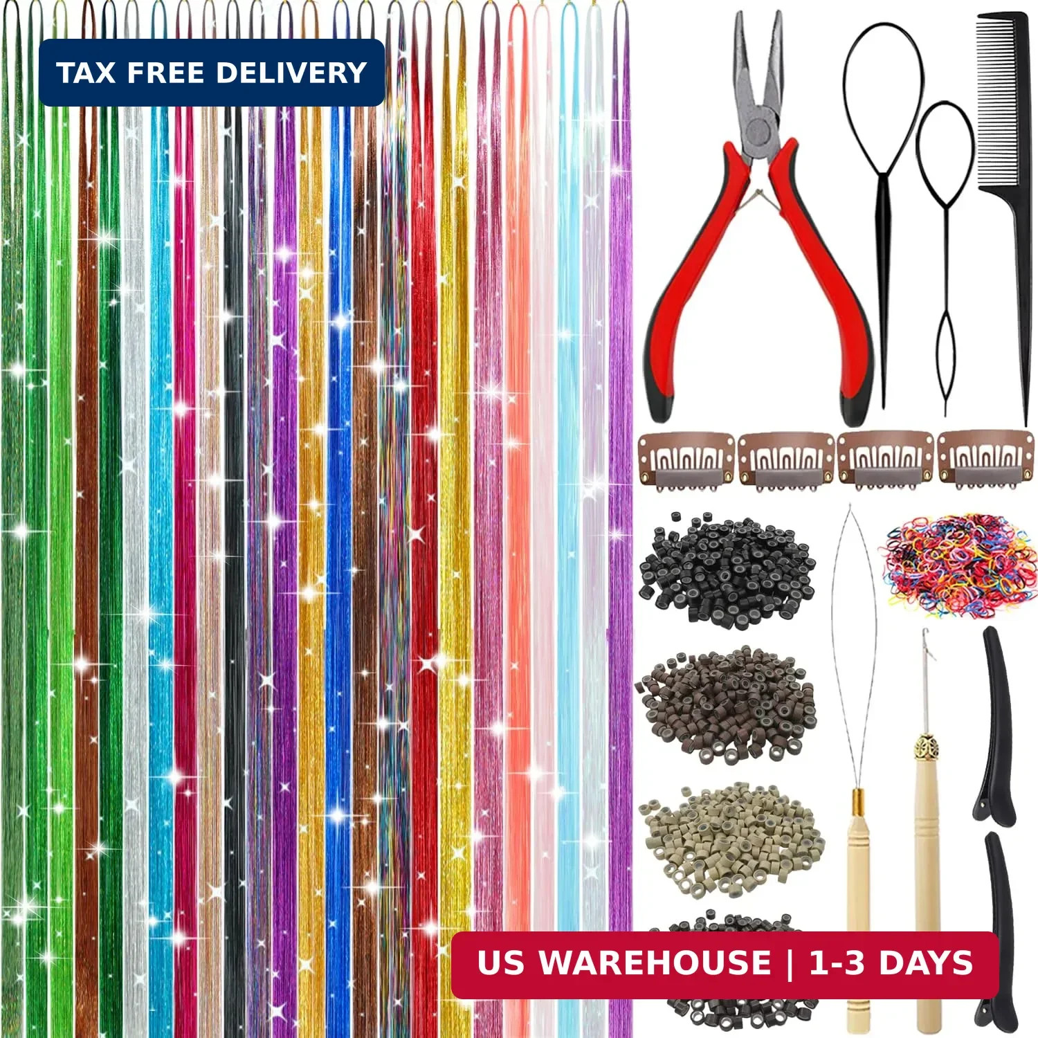 Hair Tinsel, 24 Colors 9800 Strands Hair Tinsel Kit with Tools 48 Inch Glitter T