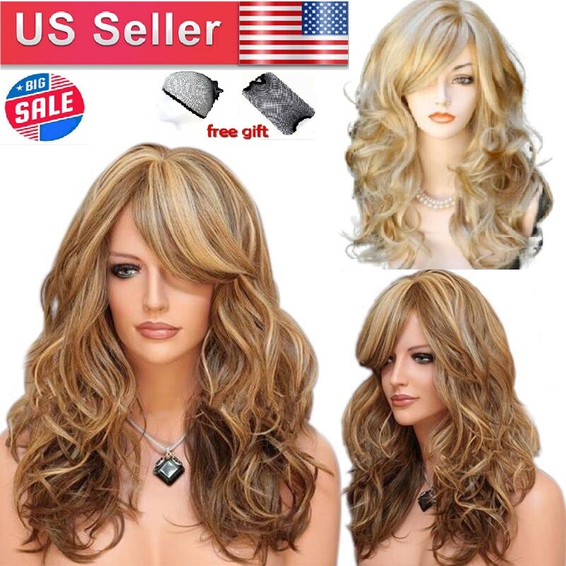 NEW Womens Golden Blond Heat Resistant Long Curly Wavy Full Volume Hair Wig USA