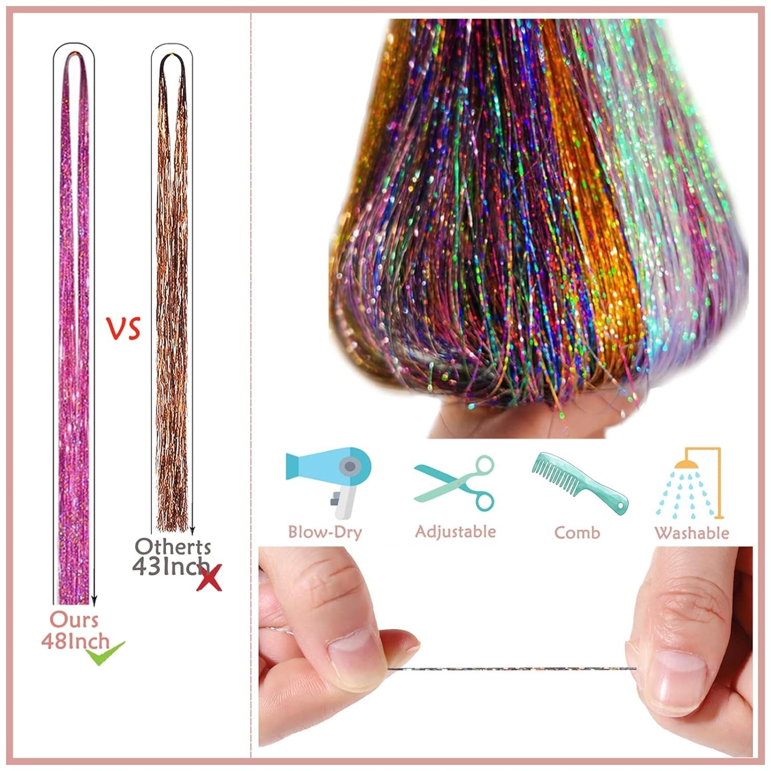 Hair Tinsel Kit 48 Inch, 18 Colors, 9000 Strands, Glitter Tinsel Hair Extensi…