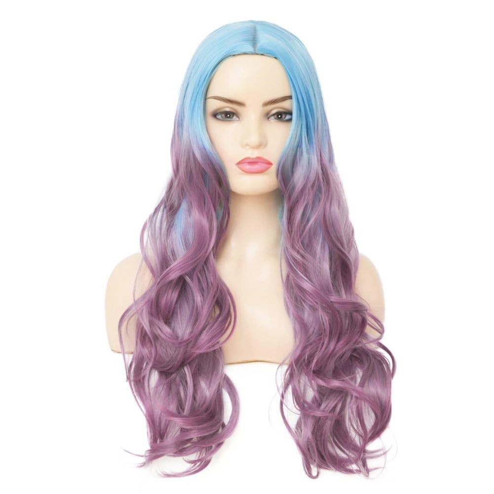 Long Curly Wave Ombre Purple Wig for Women Blue To Purple Hair Wigs Middle Pa…