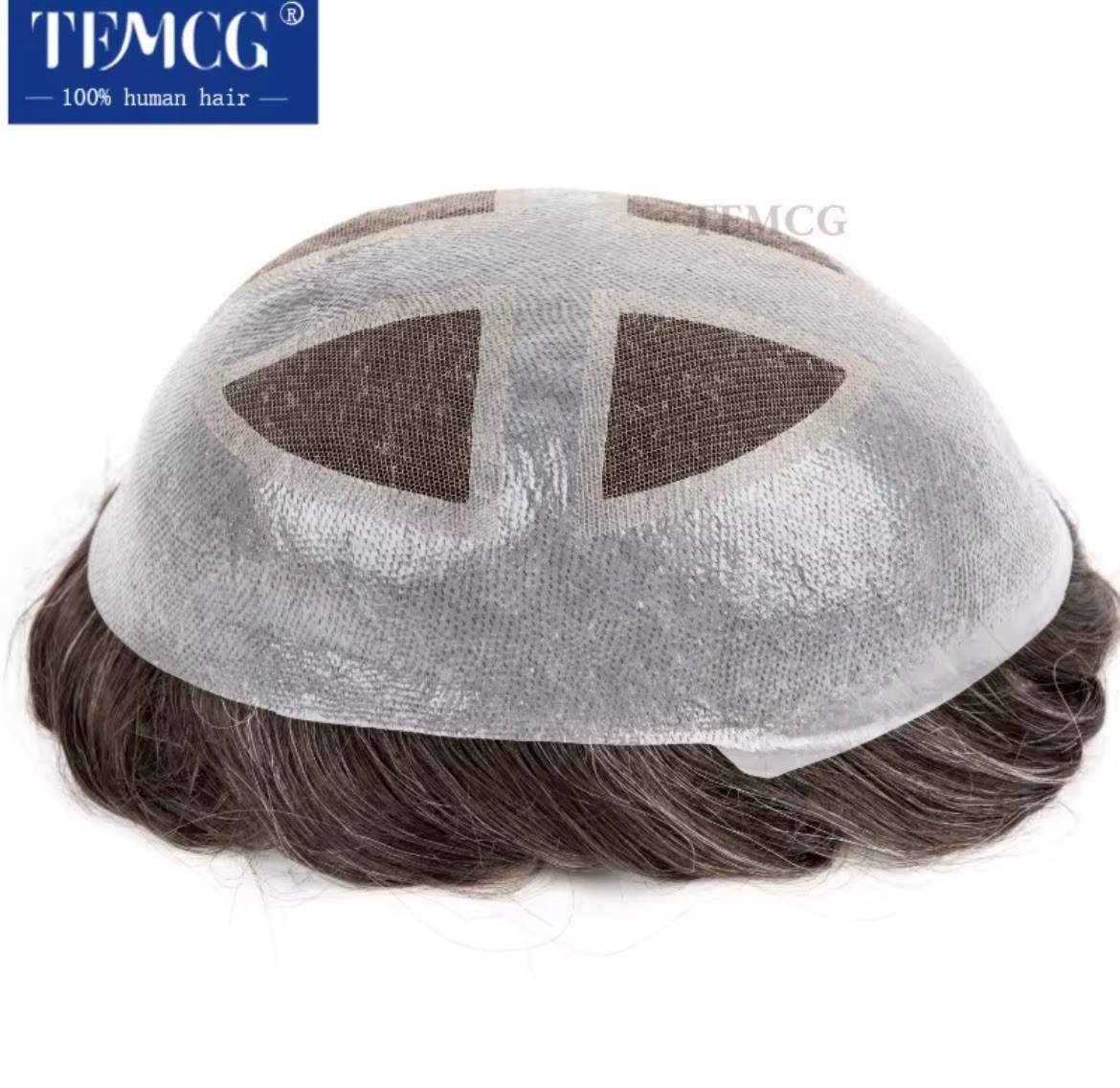 TEMCG Men’s Human Hair Toupee Hairpiece Mono Base Wavy Natural Multi Color