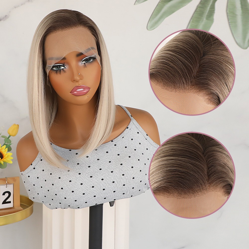 13×4 Short Bob Lace Front Wigs Glueless Brown Roots Ombre Blonde Straight Hair