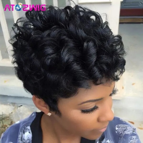 Natural Looking Big Curls Pixie Cut Short Wigs For Black Women 6Inch Short Curly