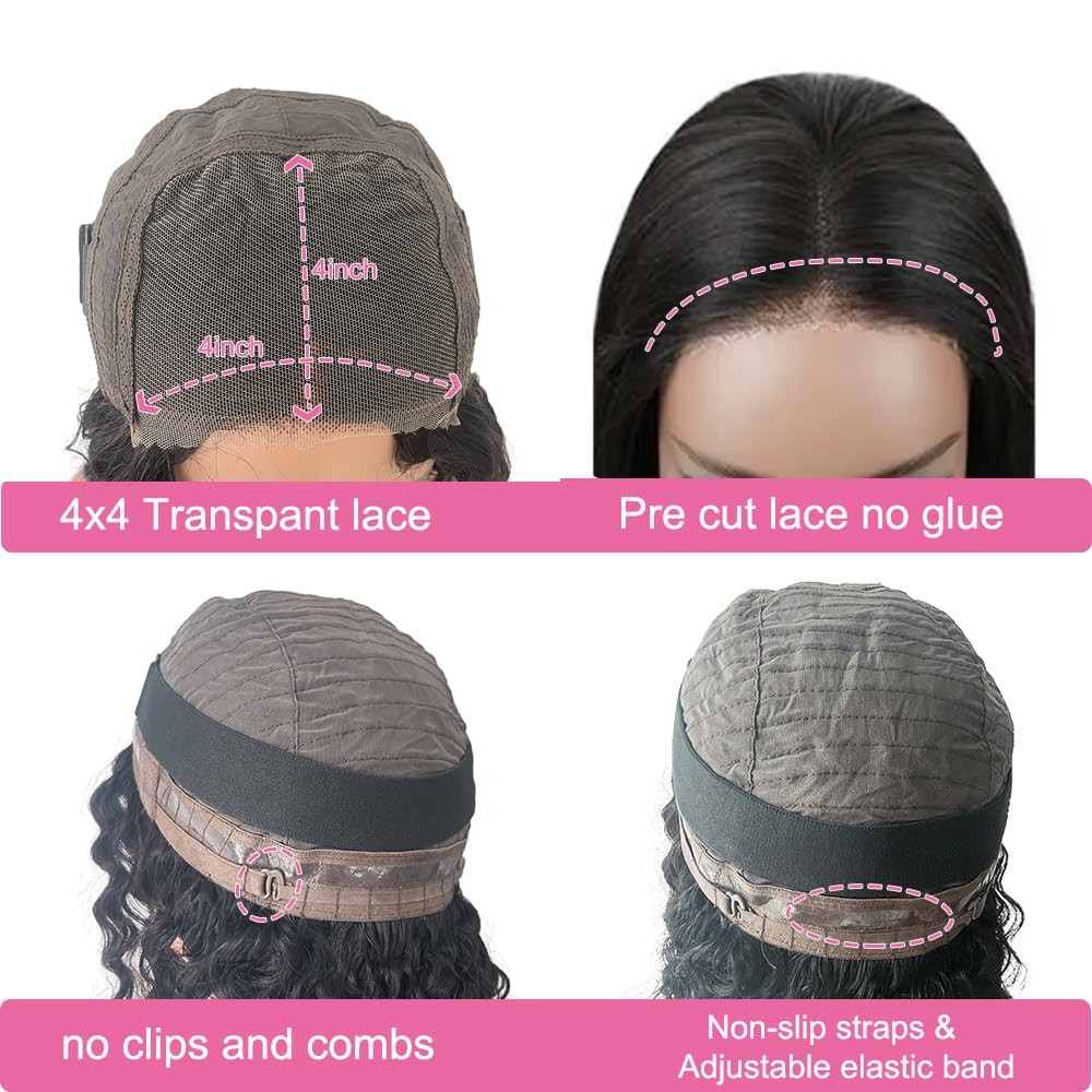 Curly Bob Wig Human Hair Water Wave 4×4 Lace Closure Glueless Wear and Go Bob…