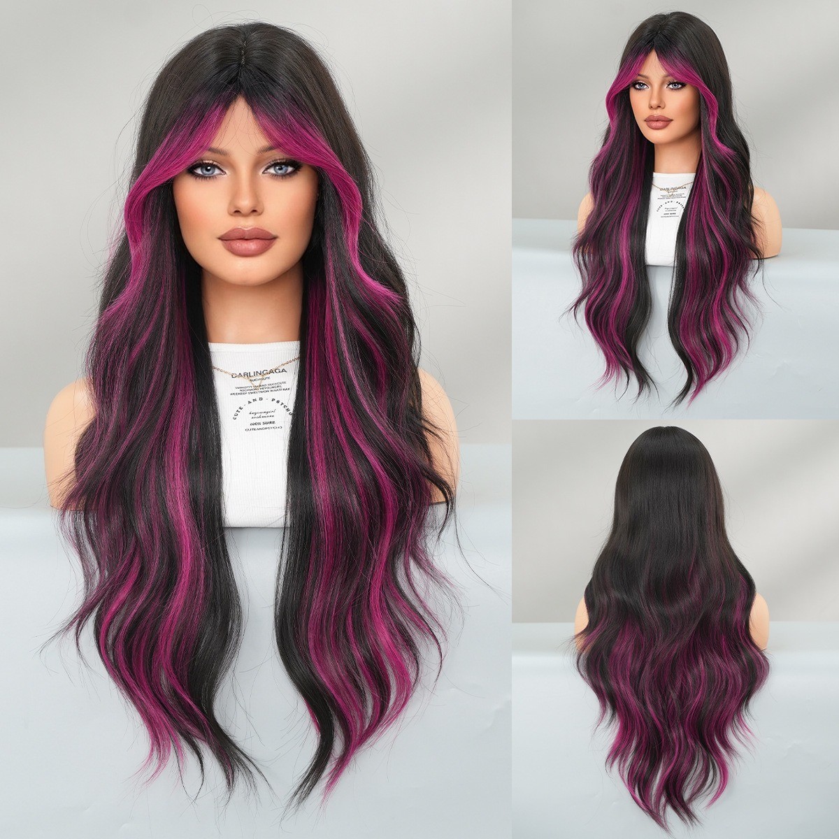 Full head wig with side-swept bangs colorful flame orange highlights and long