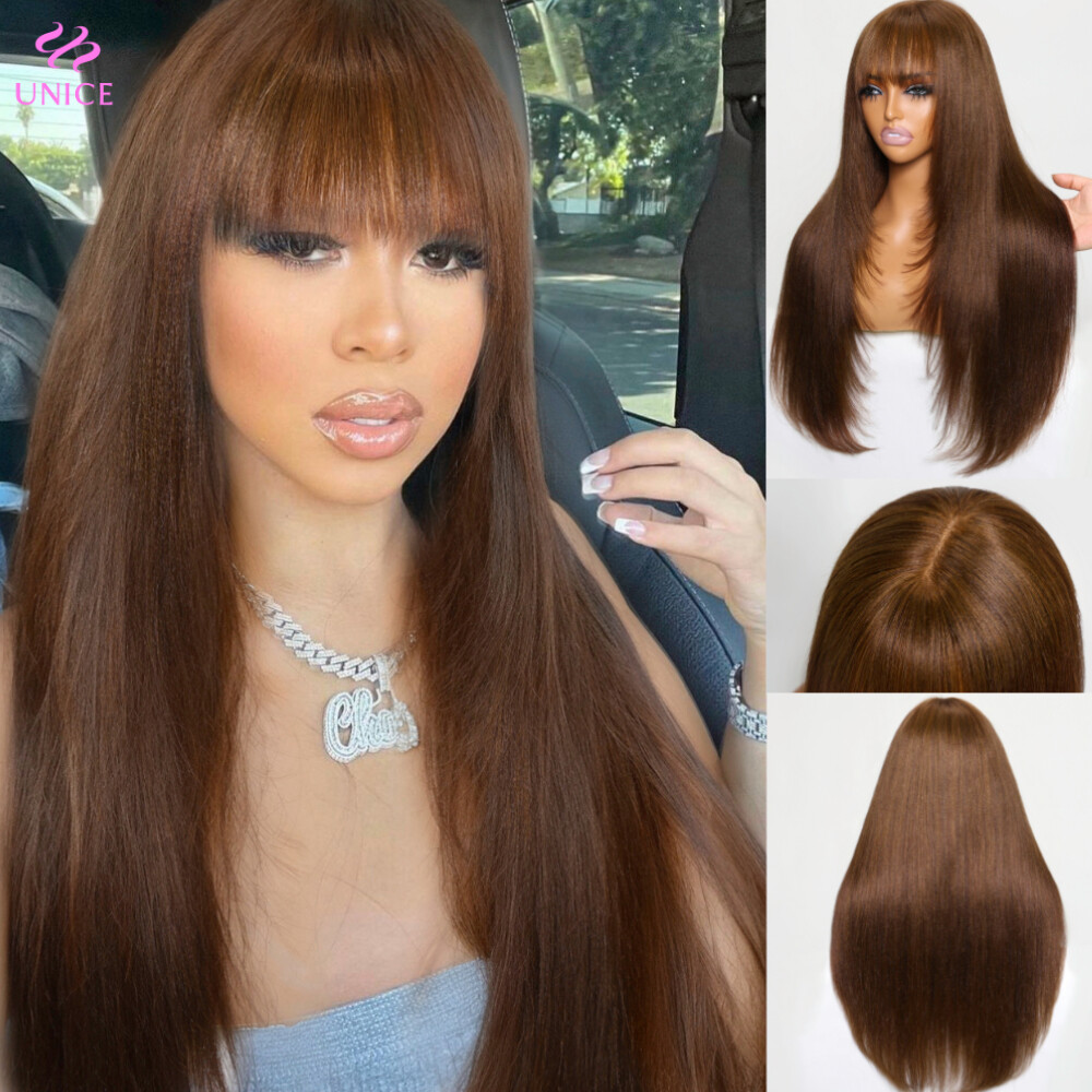 UNice Cambodian Brown Yaki Straight Human Hair Wig with Bangs Lace Wig Layer Cut