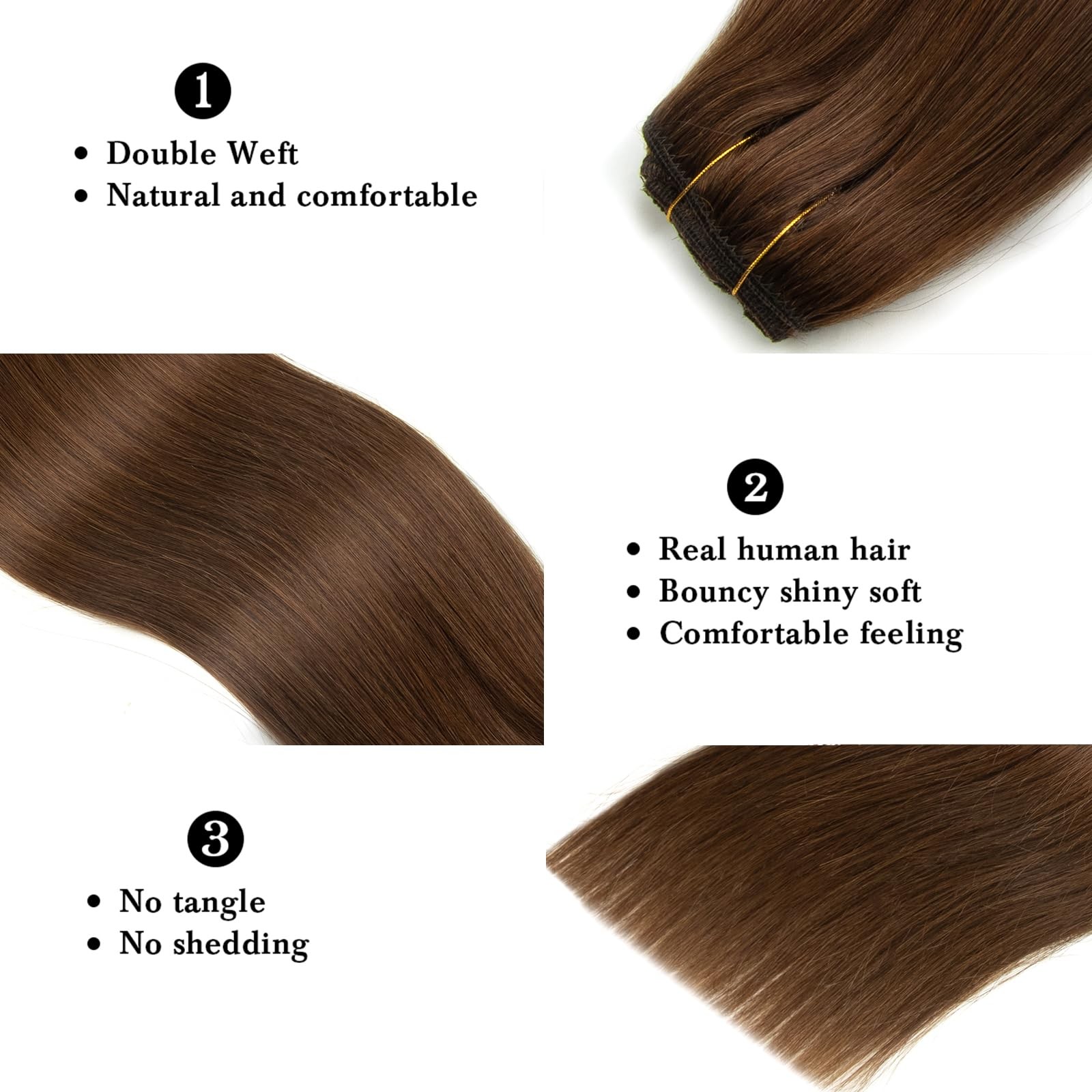 Real Human Hair Clip-In Extensions 8pcs 70g 20″ Medium Brown Seamless Straight