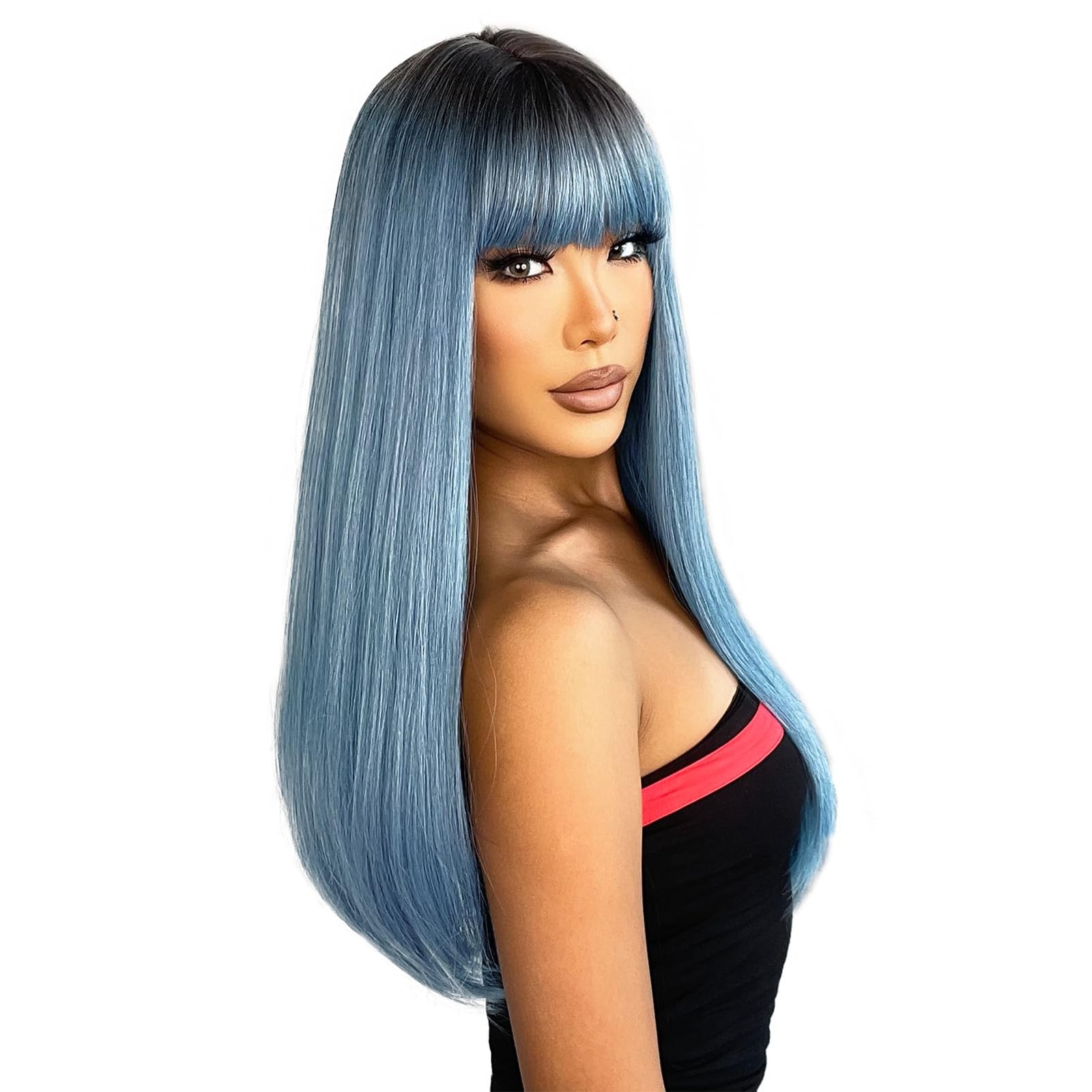 Ombre Blue Wig with Bangs Long Straight Mixed Blue Wigs for Women Cosplay Wig…