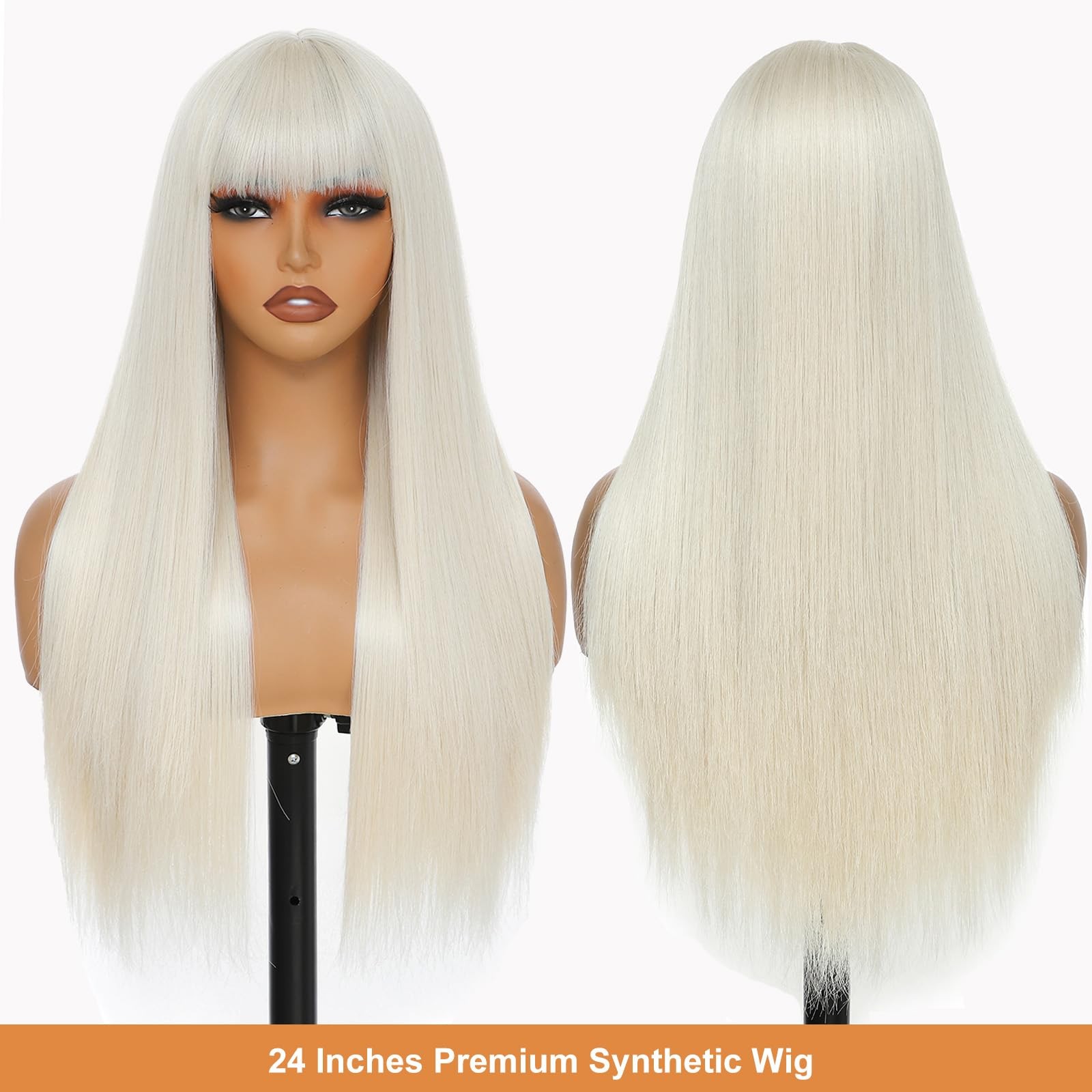 Platinum Blonde Wigs for Women 24 Inch Long Straight Wig with Bangs Synthetic…