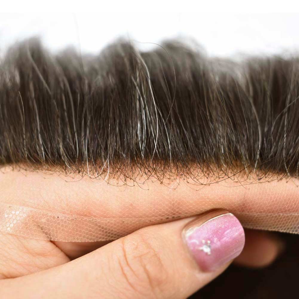 French Lace Front Mens Toupee Poly Skin Hairpieces Human Hair Replacement System
