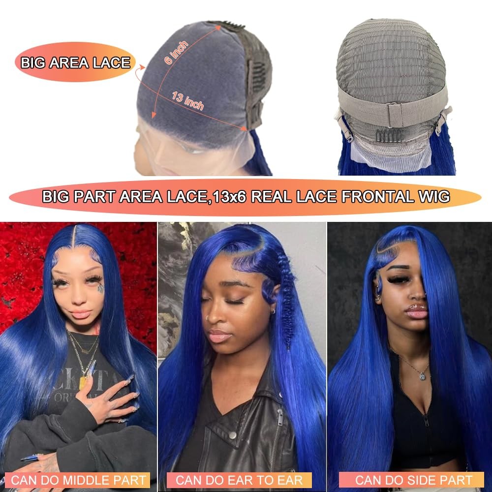 Amzhair 13X6 Blue Lace Front Wig Human Hair Straight Hd Transparent Navy Blue