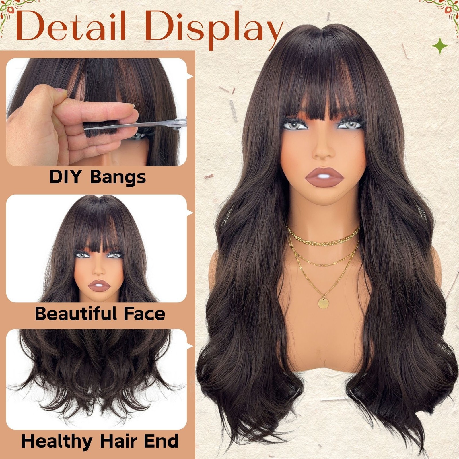 24in Dark Brown Wavy Wig with Bangs Heat Resistant Synthetic Party Wedding