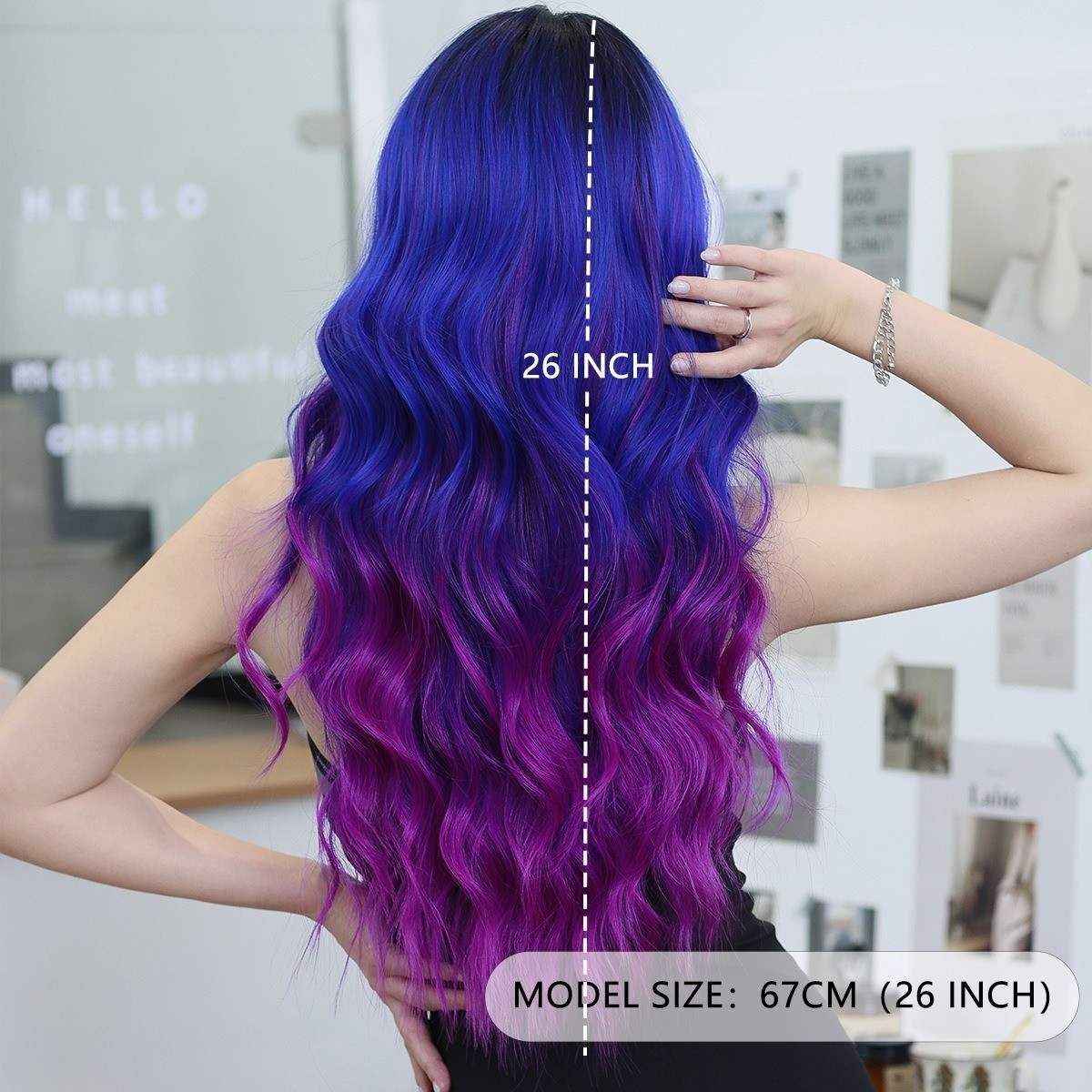 Dreamy purple-blue Lace wig with dreamy purple-blue gradient parted wavy curls
