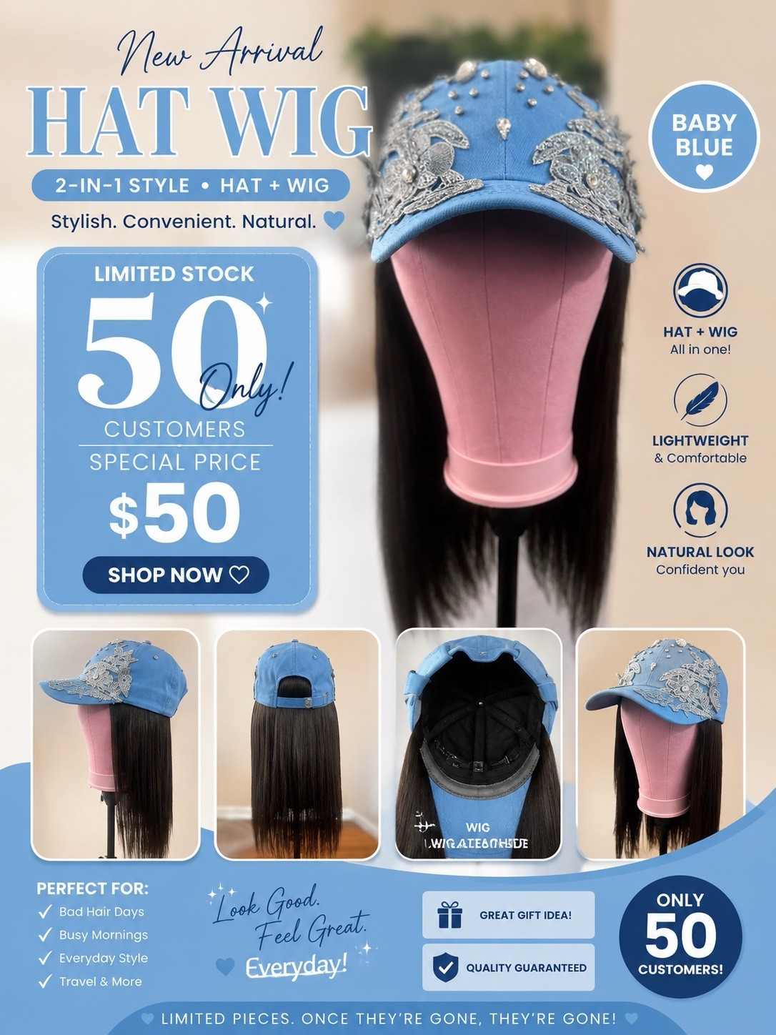 Baby Blue/Black Synthetic Straight Hat Wig Free-Part Lightweight One Size 11-20″