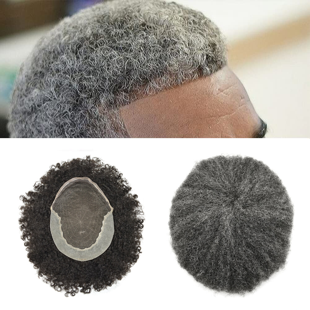Afro Toupee for Black Men Toupee French Lace Hairpiece Kinky Curl Gray Hair Unit