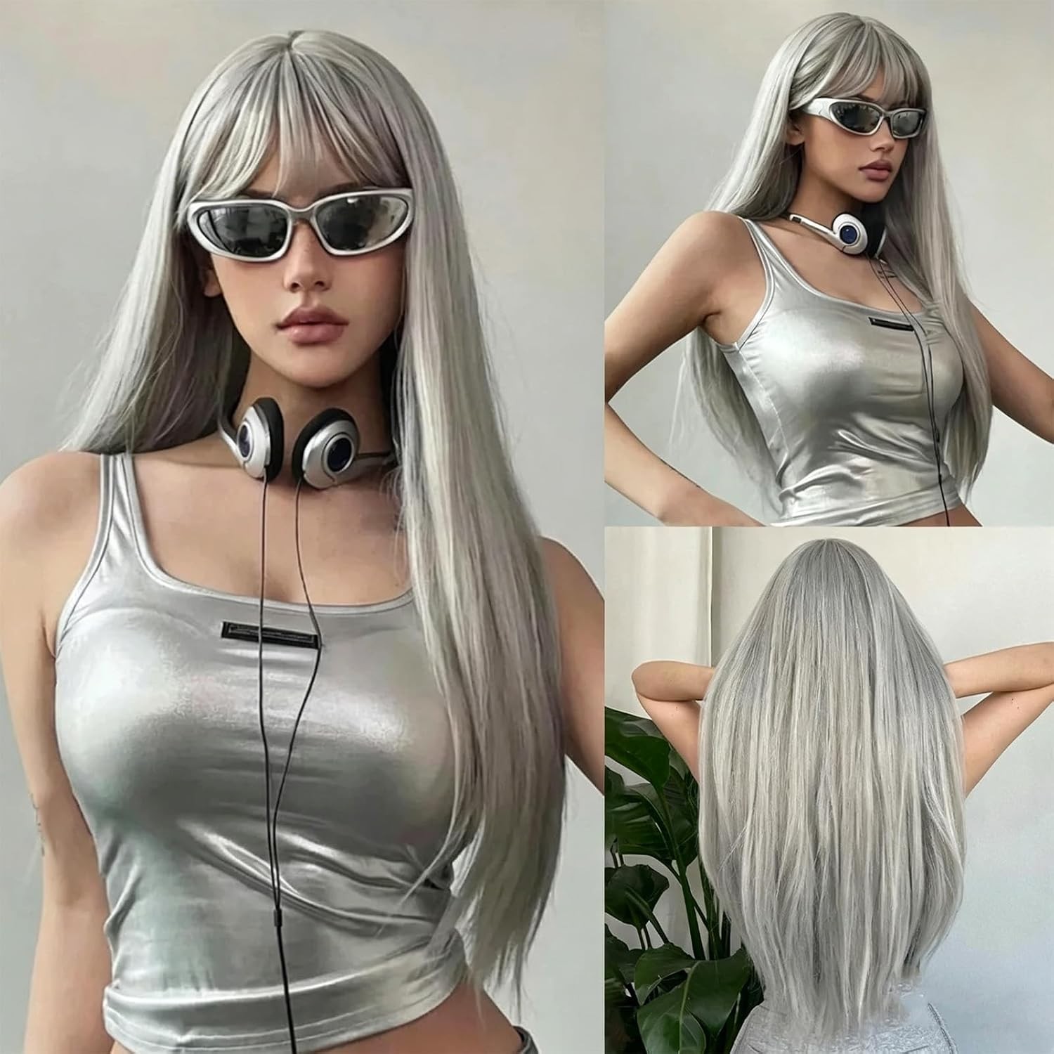 Long Wig with Bangs for Women Brown Blonde Highlight Synthetic Wig Medium Length