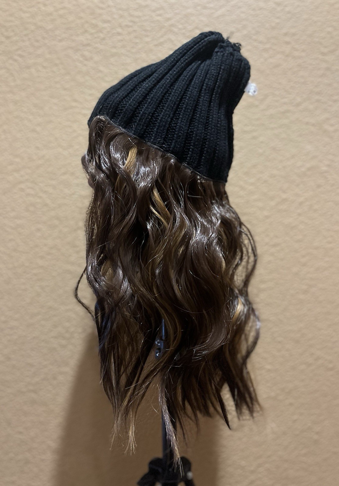 Dark Brown Highlighted Wavy Synthetic Beanie Wig | Detachable Faux Fur Pom Pom