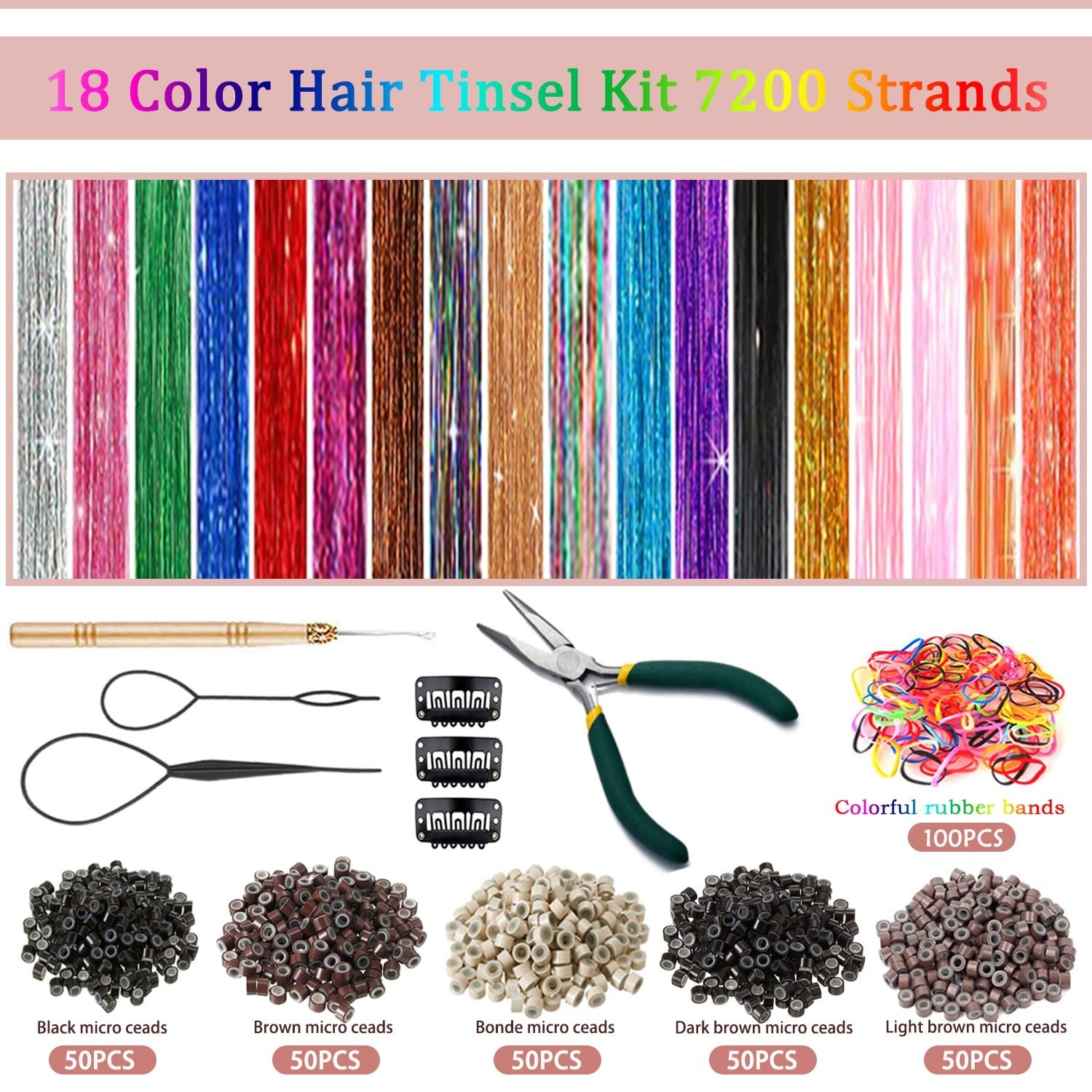 Hair Tinsel Kit 48 Inch, 18 Colors, 9000 Strands, Glitter Tinsel Hair Extensi…