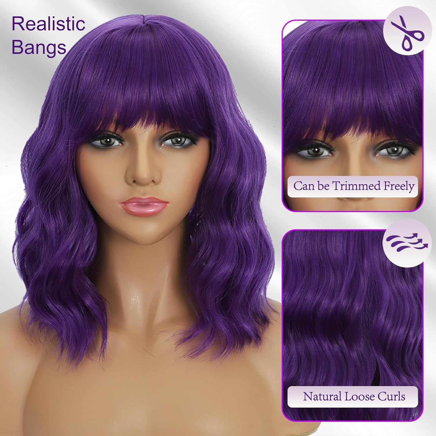 Dark Purple Wigs with Bangs for Women 14 Inch Short Wavy Bob Wigs Synthetic Bob