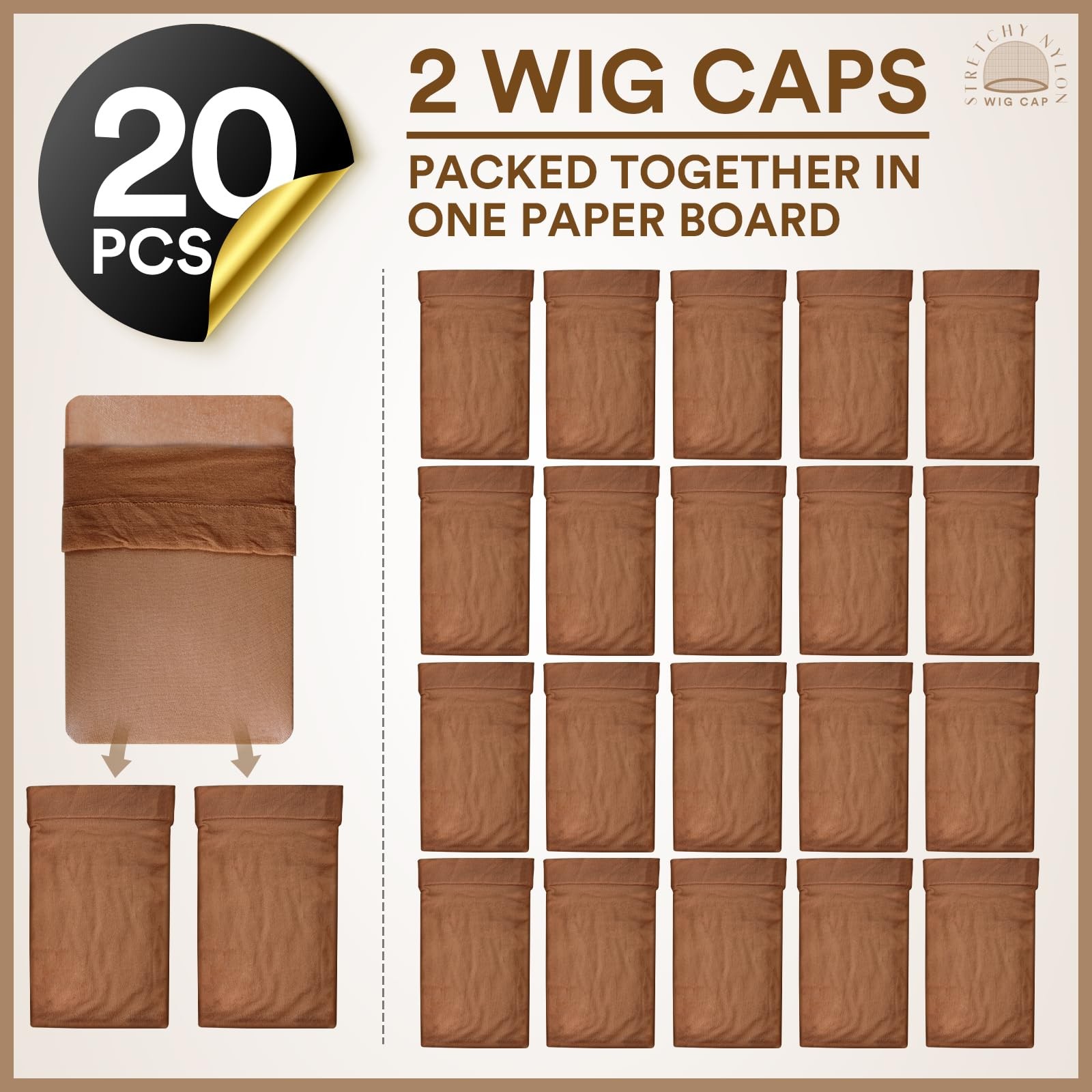 Teenitor Wig Caps, 20 Pack Stretchy Nylon Skin 8.5 Inch x 0.7 Inch, Brown