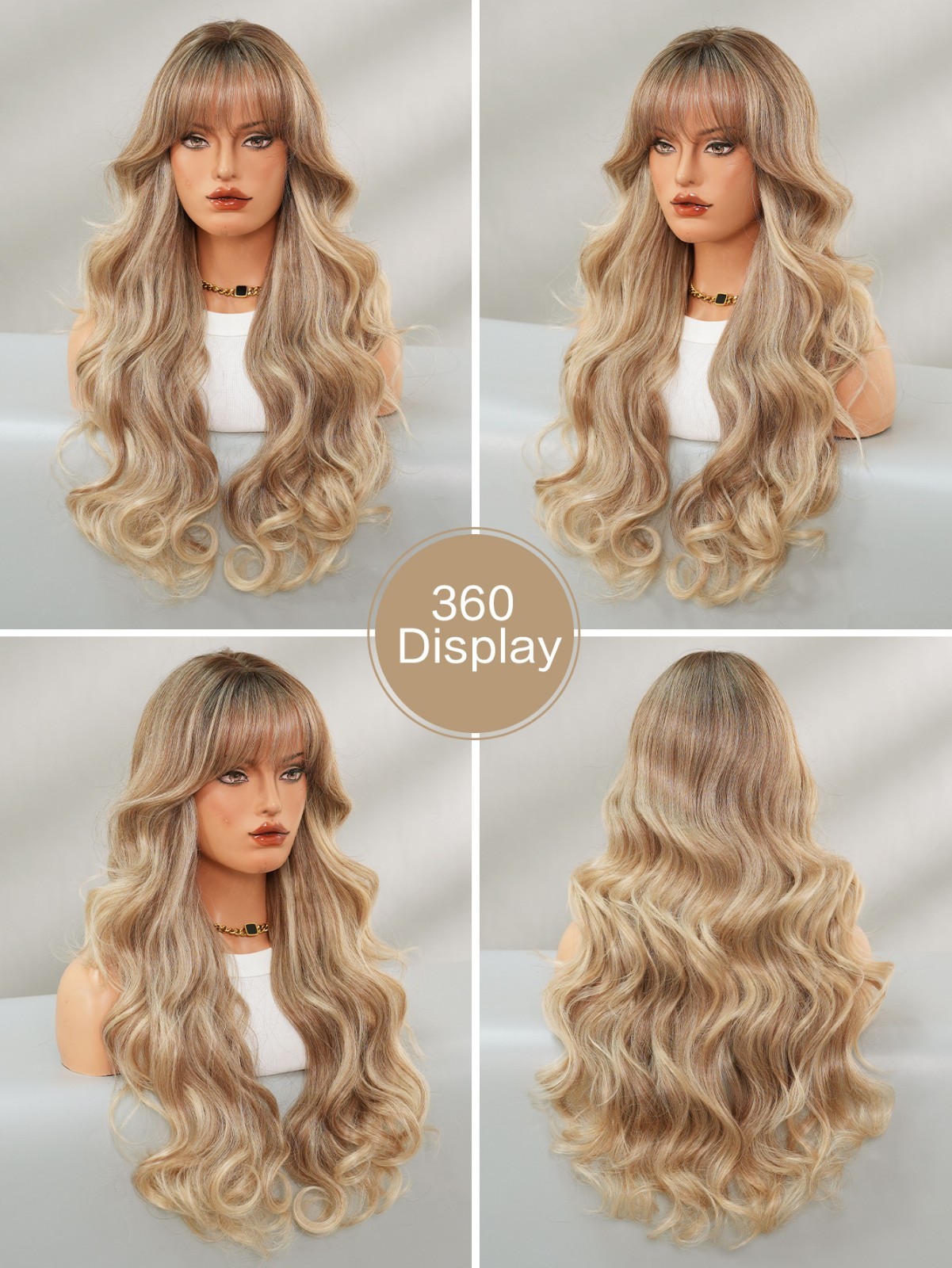 Ombre Blonde Long Curly Wig with Bangs Synthetic Wavy Hair Wigs for Women 27.5″