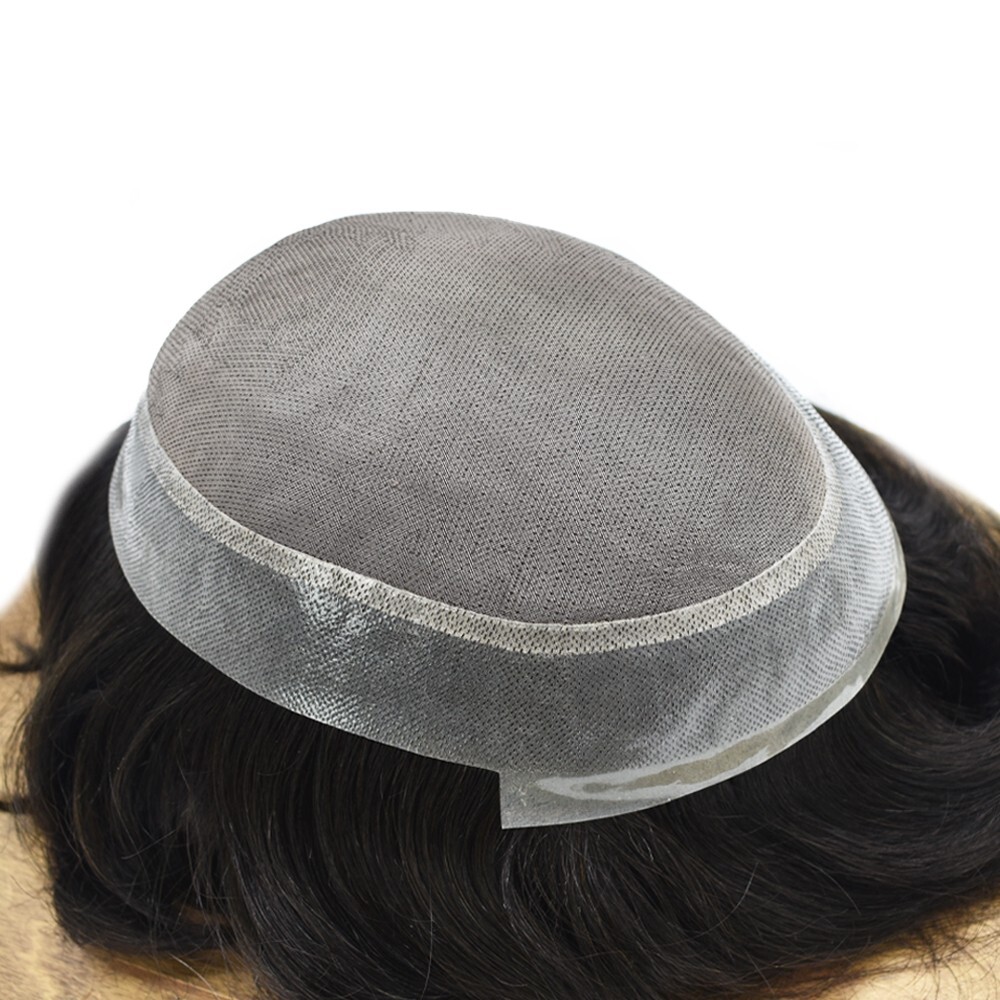 Durable Fine Mono Lace Mens Toupee Human Hair Piece Thin Skin PU Wig Hair System