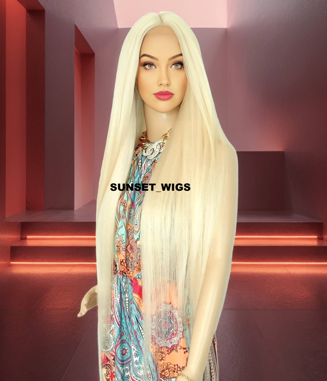 45″ LACE FRONT WIG EXTRA LONG STRAIGHT LAYERED MIDDLE PART BLEACH BLONDE HEAT OK