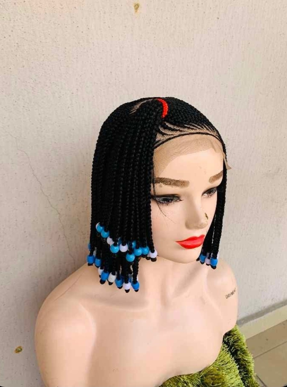 Braided Wig Beaded Short Bob Multi-Color Synthetic Free-Part for Women