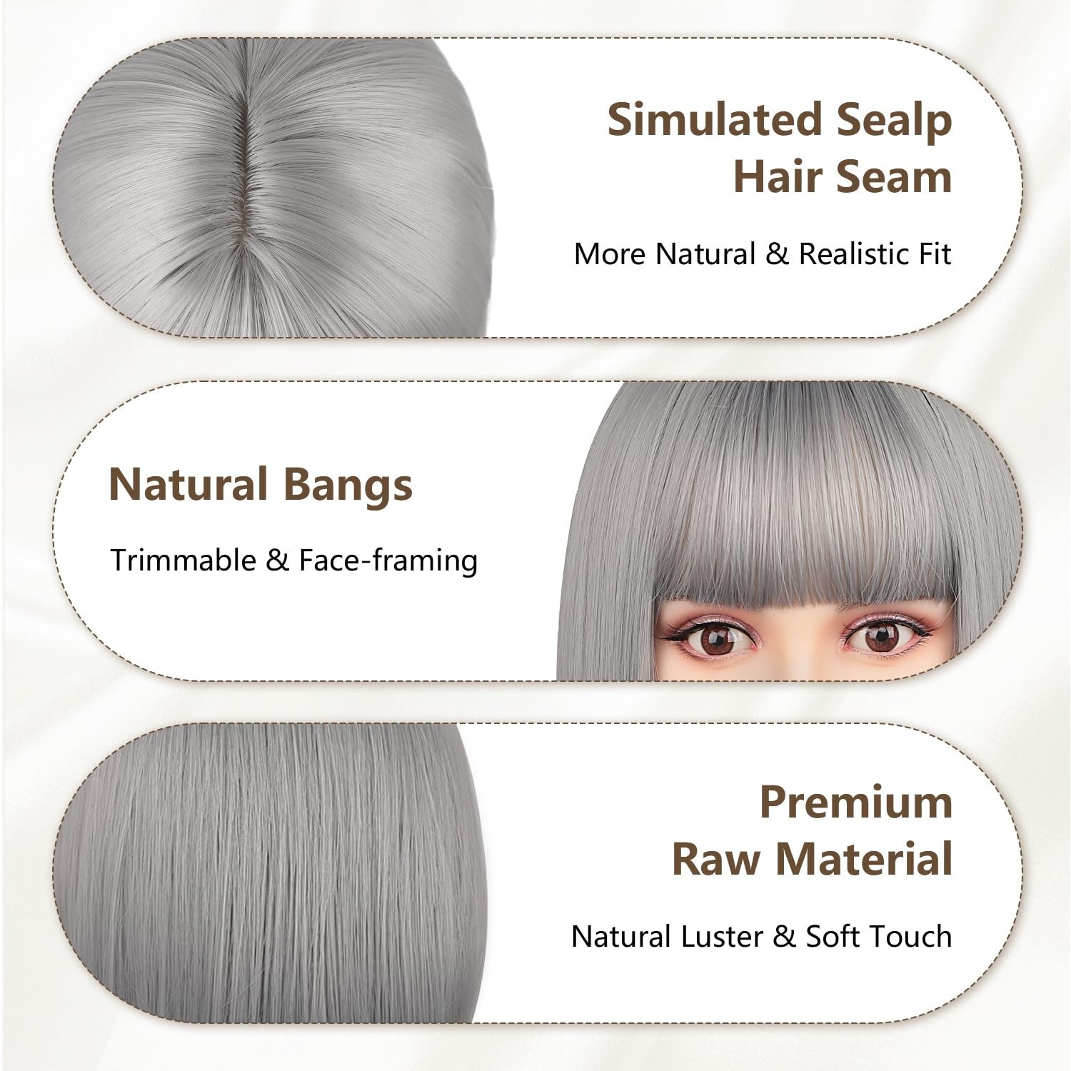 SW07 Gray Bob Wig Short 12″ women soft bangs easy to wear Colorful synthetic