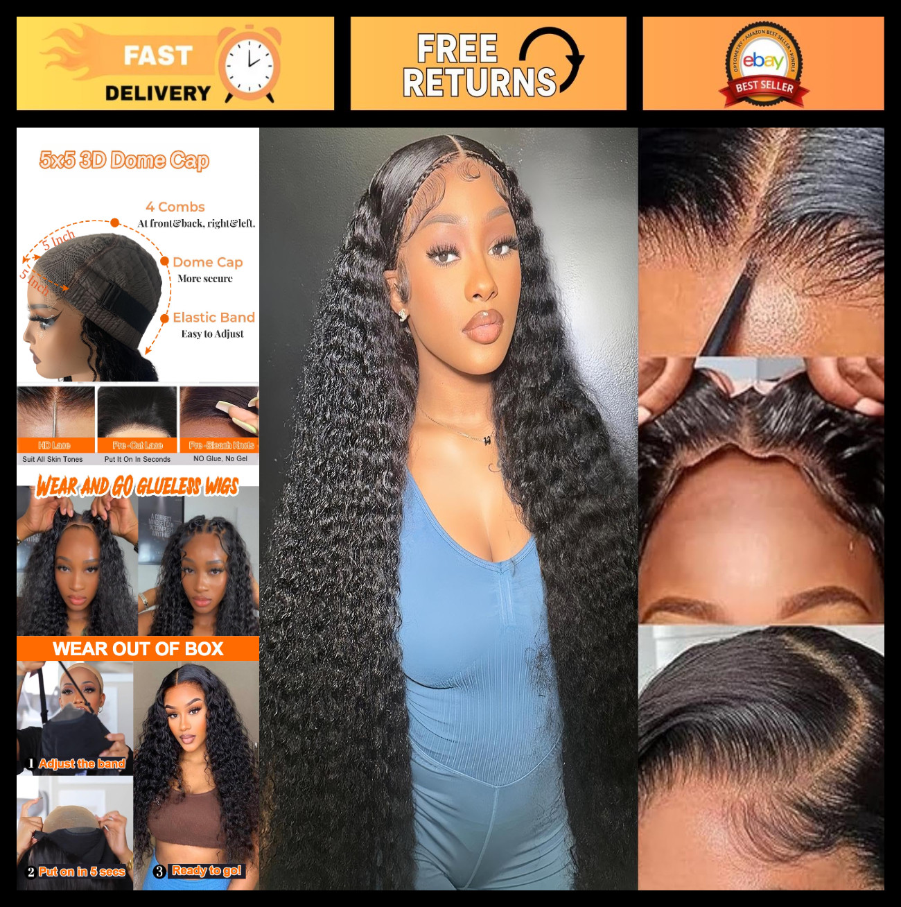 Glueless 5×5 HD Lace Closure Wig – Curly Deep Wave Human Hair for Black Women, 3