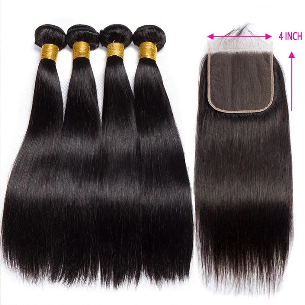Straight Human Hair Bundles with Closure – 14-20 Inch, Pre-Plucked, Thick Weave