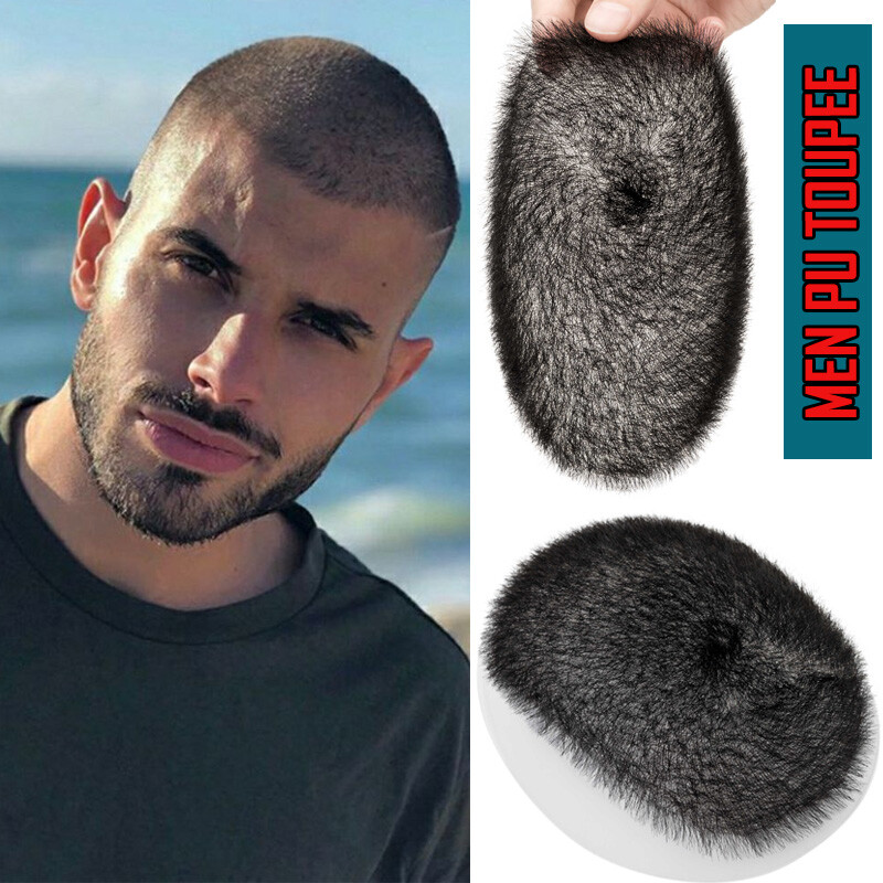 Mens Thin Skin PU Toupee Human Hair Replacement System Short Buzz Cut Wigs 5″x7″