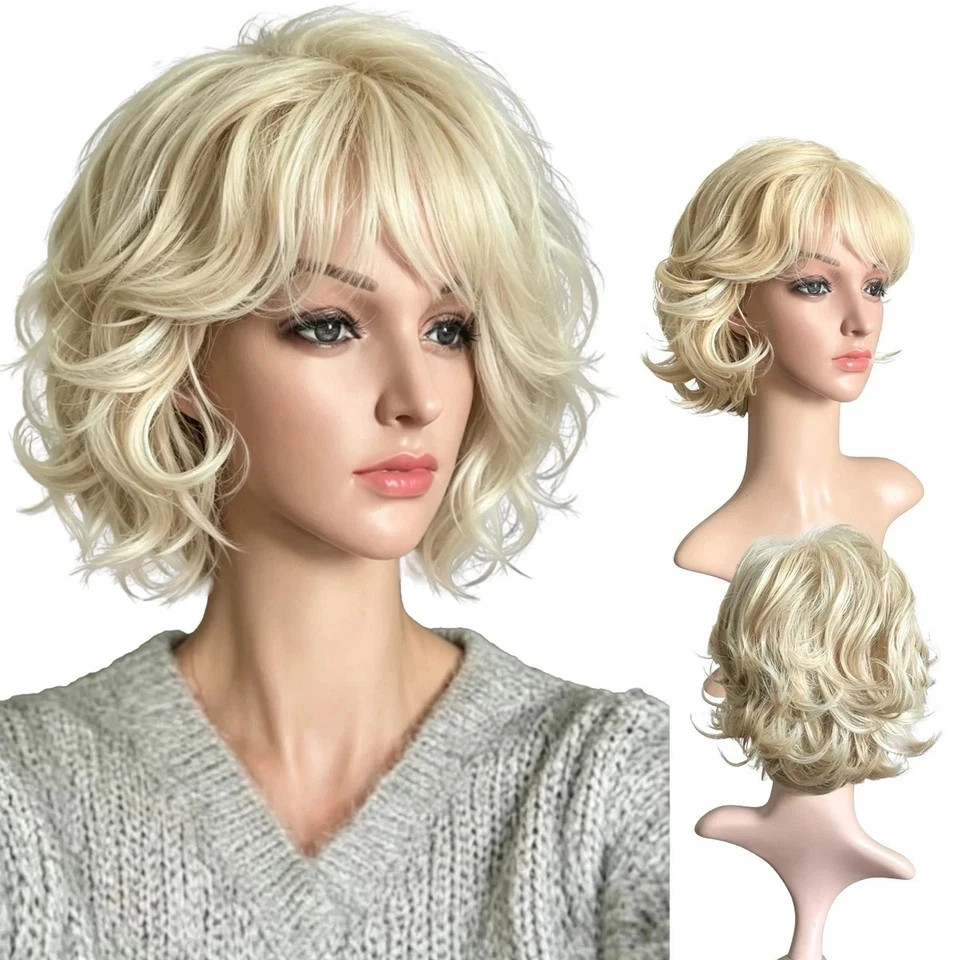 6 Inch Short Layered Wavy Bob Wig for Women, Pale Blonde Synthetic