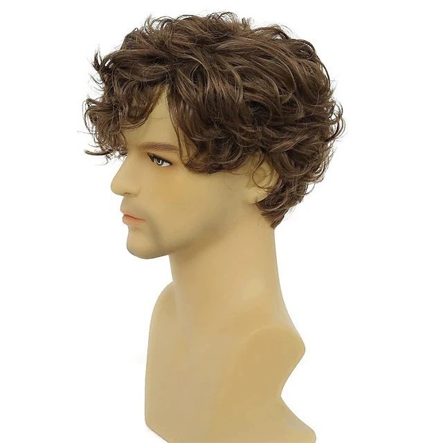 Men’s Short Curly Brown Synthetic Wig Natural Fluffy Wavy Hair with Bangs