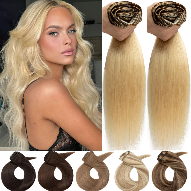 EXTRA THICK Double Weft Clip In 100% Human Hair Extensions Full Head 140g BLONDE
