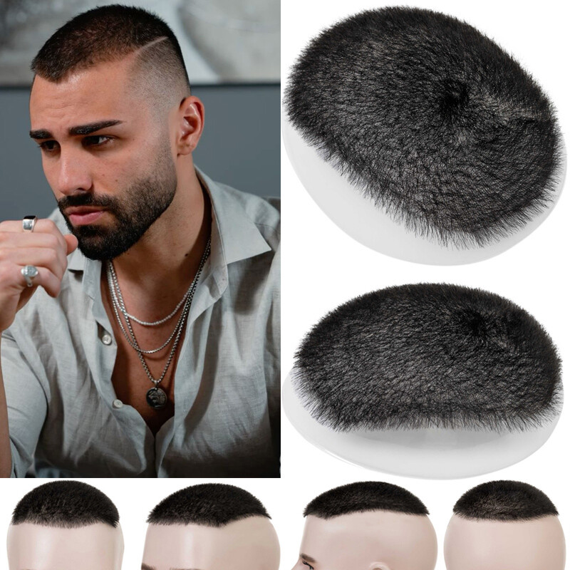 Mens Human Hair Toupee Hairpiece Replacement System Thin PU Skin Short Buzz Cut