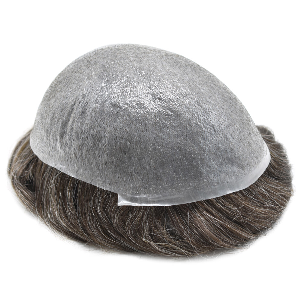 Thin Skin V-Loop Mens Toupee Hairpiece 0.04mm Poly PU Gray Hair Replacement