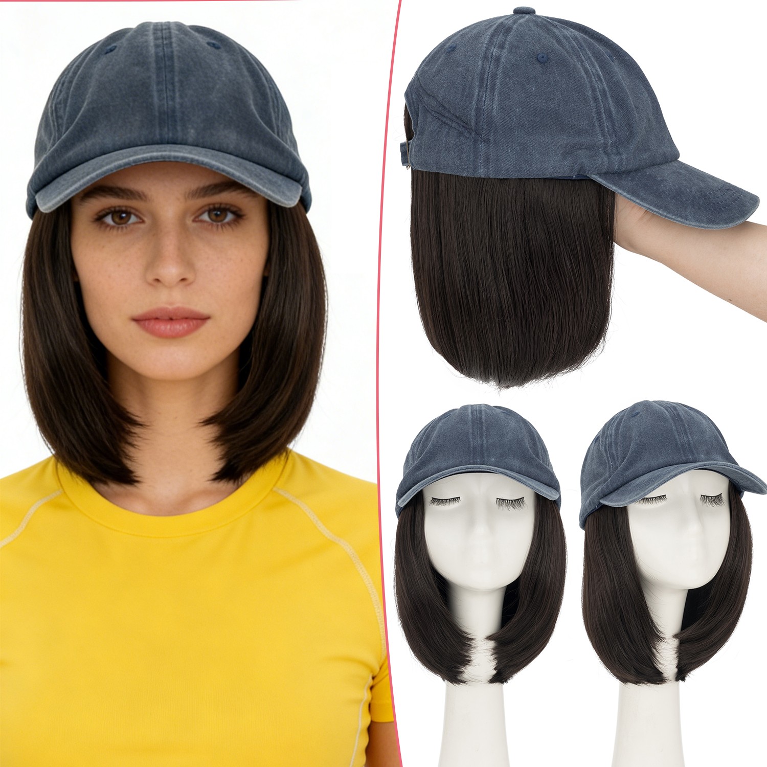Baseball Cap Hat with Short Synthetic Hair,Baseball Hat Cap with Straight Hair M